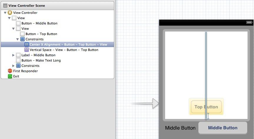 Interface Builder's centering constraint on the top button is applied to its superview, not itself